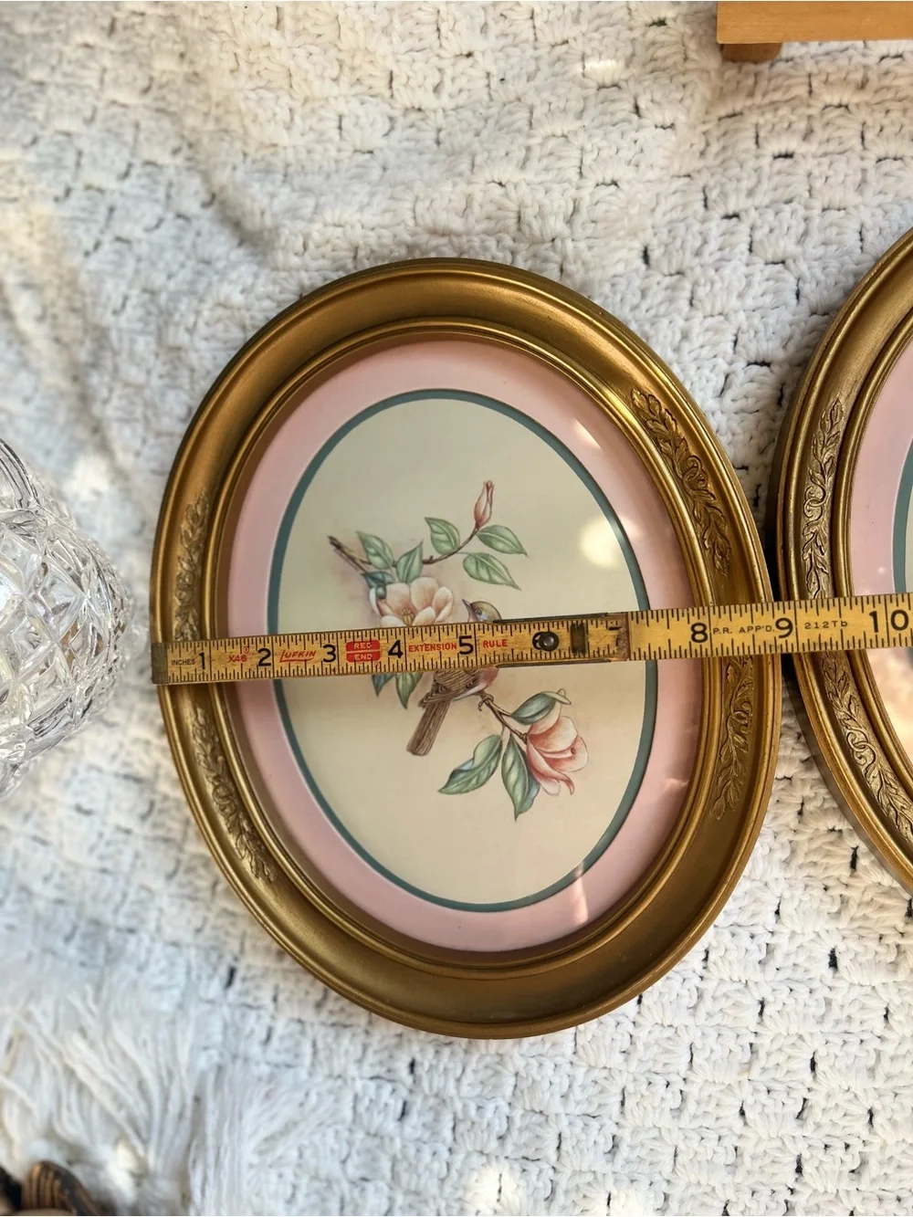Gold Oval Floral Bird Wall Art Pair - Pink Accents